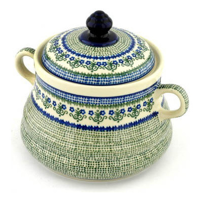 Polish Pottery Jar with Lid and Handles 9&quot; Fanciful Daisy