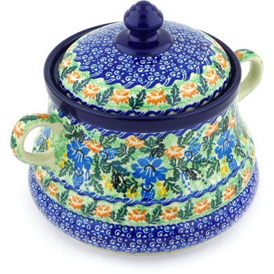 Polish Pottery Jar with Lid and Handles 9&quot; Flower Ring UNIKAT