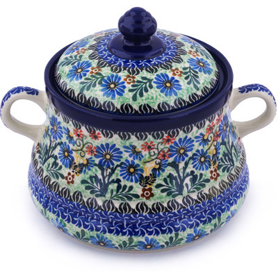 Polish Pottery Jar with Lid and Handles 9&quot; Sprouting Vines UNIKAT