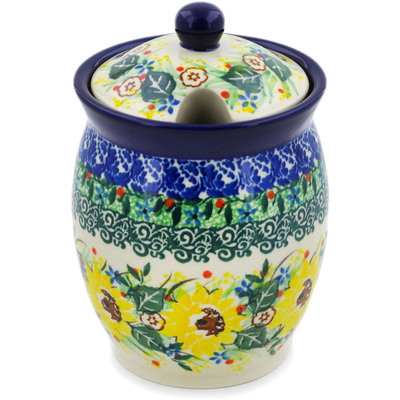 Polish Pottery Jar with Lid with Opening 5&quot; Yellow Garden UNIKAT