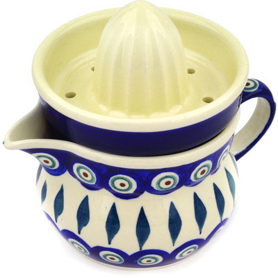 Polish Pottery Juice Reamer with Jug 5&quot; Peacock Leaves