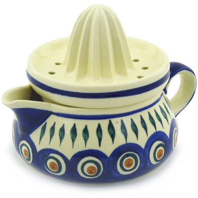 Polish Pottery Juice Reamer with Jug 6&quot; Blue Peacock