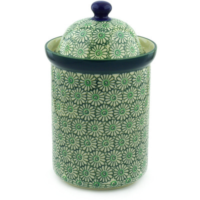 Polish Pottery Large Canister 11&quot; Green Daisies