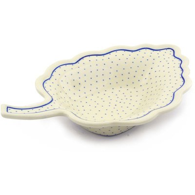 Polish Pottery Leaf Shaped Bowl 11&quot; Blue Dots
