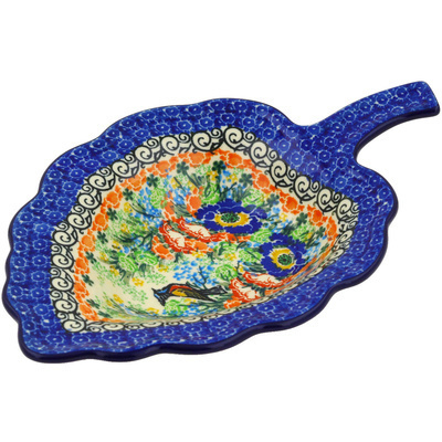 Polish Pottery Leaf Shaped Bowl 11&quot; Proud Blue Jay UNIKAT