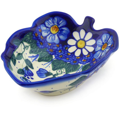 Polish Pottery Leaf Shaped Bowl 7&quot; Daisy Spectacle