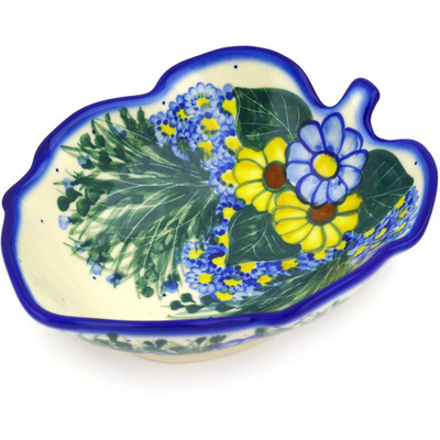 Polish Pottery Leaf Shaped Bowl 7&quot; Wildflower Meadow