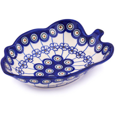 Polish Pottery Leaf Shaped Bowl 8&quot; Flowering Peacock