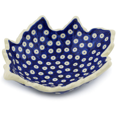 Polish Pottery Leaf Shaped Bowl 9&quot; Blue Eyed Peacock