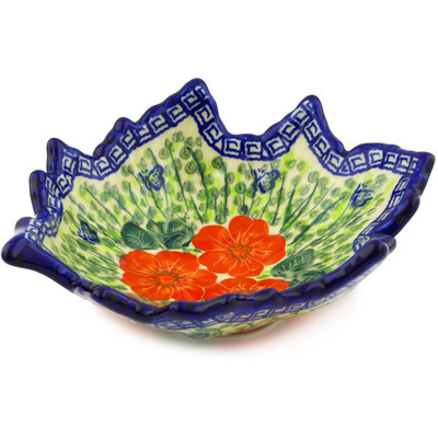 Polish Pottery Leaf Shaped Bowl 9&quot; Happiness UNIKAT