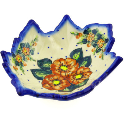 Polish Pottery Leaf Shaped Bowl 9&quot; Red Bouquet