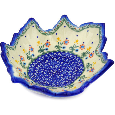 Polish Pottery Leaf Shaped Bowl 9&quot; Spring Flowers