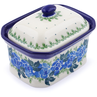 Polish Pottery Mini Cake Box 4&quot;, Salt Box, Blue Rose