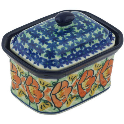 Polish Pottery Mini Cake Box 4&quot;, Salt Box, Floral Ring UNIKAT
