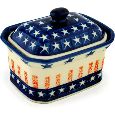 Polish Pottery Mini Cake Box 4&quot;, Salt Box, Star Spangled Banner