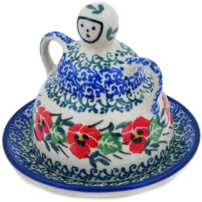 Polish Pottery Mini Cheese Lady 4&quot; Red Pansy