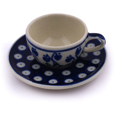 Polish Pottery Mini Cup and Saucer 3&quot; Bleeding Heart Peacock