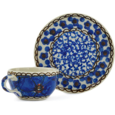 Polish Pottery Mini Cup and Saucer 3&quot; Cobalt Poppies UNIKAT