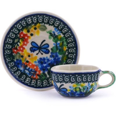 Polish Pottery Mini Cup and Saucer 3&quot; Garden Delight UNIKAT