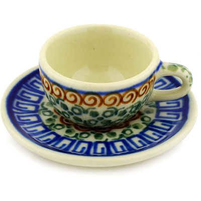 Polish Pottery Mini Cup and Saucer 3&quot; Grecian Sea