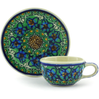 Polish Pottery Mini Cup and Saucer 3&quot; Mardi Gras UNIKAT