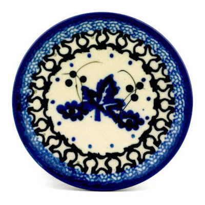 Polish Pottery Mini Plate, Coaster plate Blue Leaves UNIKAT