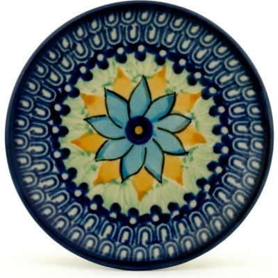 Polish Pottery Mini Plate, Coaster plate Blue Poinsettia Wreath UNIKAT