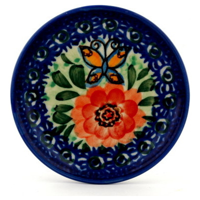 Polish Pottery Mini Plate, Coaster plate Butterfly Peach Poppies UNIKAT