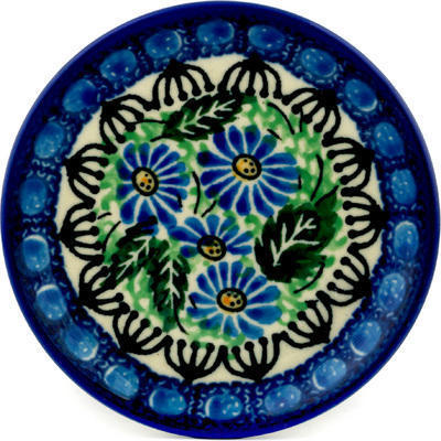 Polish Pottery Mini Plate, Coaster plate Field Of Blue Daisies UNIKAT