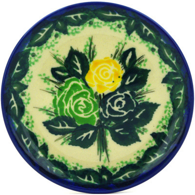 Polish Pottery Mini Plate, Coaster plate Green Rose Bouquet UNIKAT