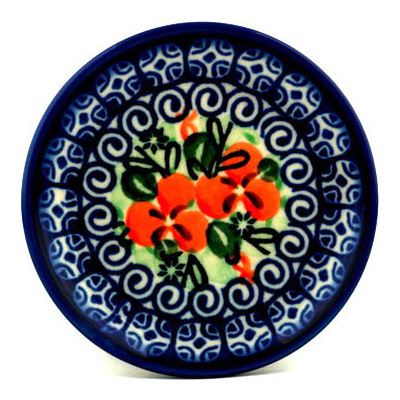 Polish Pottery Mini Plate, Coaster plate Orange Impatiens UNIKAT