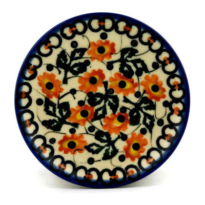 Polish Pottery Mini Plate, Coaster plate Orange Poppy Vines UNIKAT