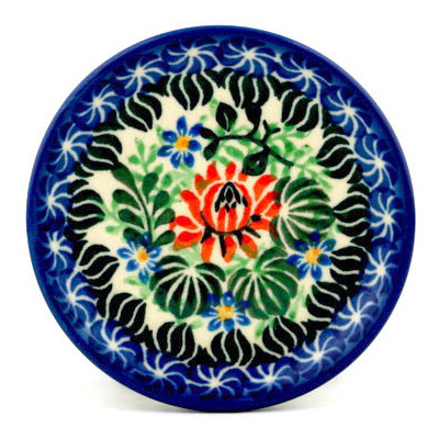 Polish Pottery Mini Plate, Coaster plate Red Lotus Blossom UNIKAT