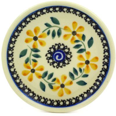 Polish Pottery Mini Plate, Coaster plate Yellow Daisy Swirls