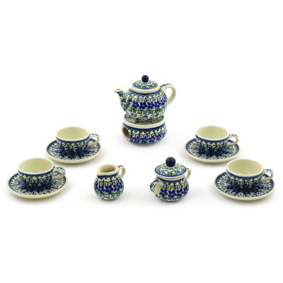 Polish Pottery Mini Tea Set 3&quot; Blue Dogwood