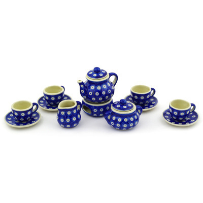 Polish Pottery Mini Tea Set 3&quot; Blue Eyed Peacock