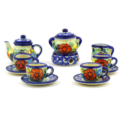 Polish Pottery Mini Tea Set 3&quot; Bold Poppies UNIKAT
