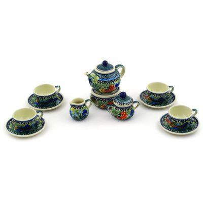 Polish Pottery Mini Tea Set 3&quot; Butterfly Garden UNIKAT