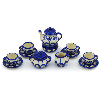 Polish Pottery Mini Tea Set 3&quot; Flowering Peacock