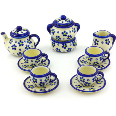 Polish Pottery Mini Tea Set 3&quot; Forget Me Not Swirls