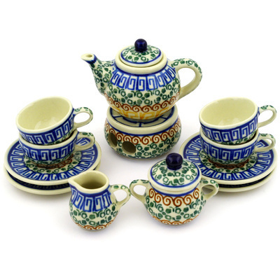 Polish Pottery Mini Tea Set 3&quot; Grecian Sea