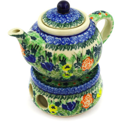 Polish Pottery Mini Teapot with Heater 4&quot; Floral Rhapsody UNIKAT