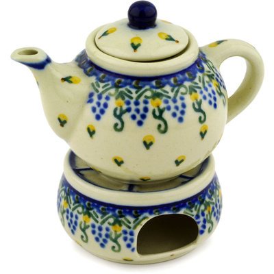 Polish Pottery Mini Teapot with Heater 4&quot; Summer Grapes