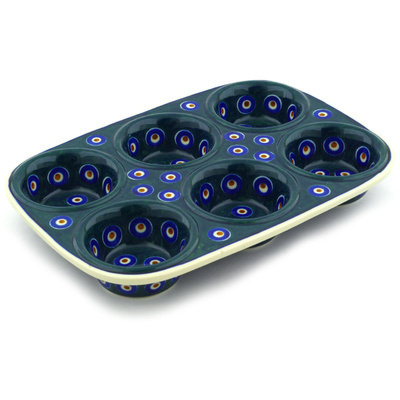 Polish Pottery Muffin Pan 11&quot; Teal Peacock