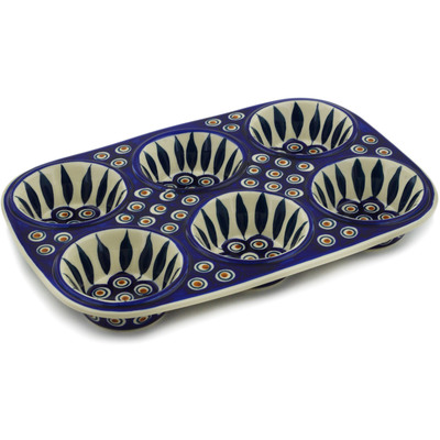 Polish Pottery Muffin Pan 13&quot; Peacock