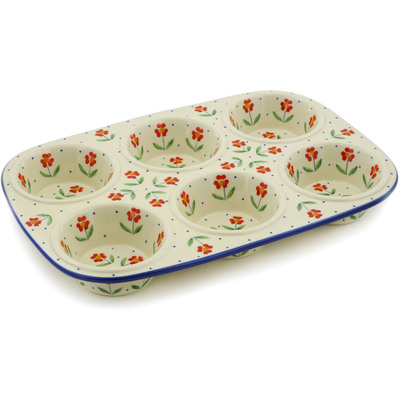Polish Pottery Muffin Pan 13&quot; Red Primrose