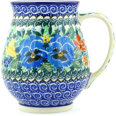 Polish Pottery Mug 17 oz Pansy Pair Garden UNIKAT