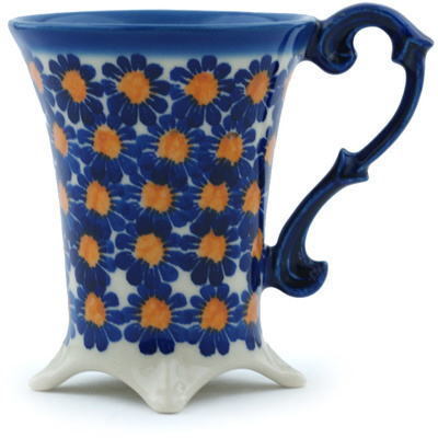 Polish Pottery Mug 5 oz Blue Sunflower UNIKAT