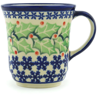 Polish Pottery Mug 9 oz Snowflakes And Holly