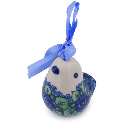 Polish Pottery Ornament Bird Bell 2&quot; Blue Pansies UNIKAT